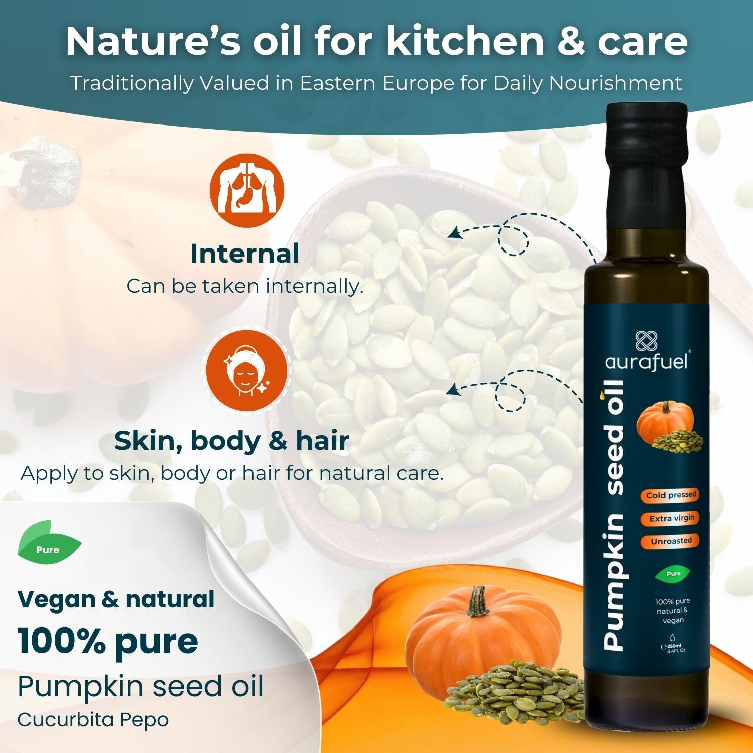 Pumpkin-seed-oil-cold-press-kitchen-care-benefits-information.jpg Pumpkin seed oil natural & pure - Imagem 2